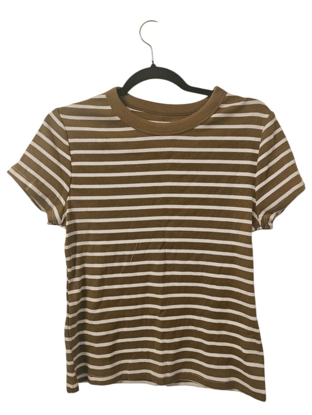Green and White Old Navy Women's Snug Crew-Neck Ribbed Striped T-Shirt